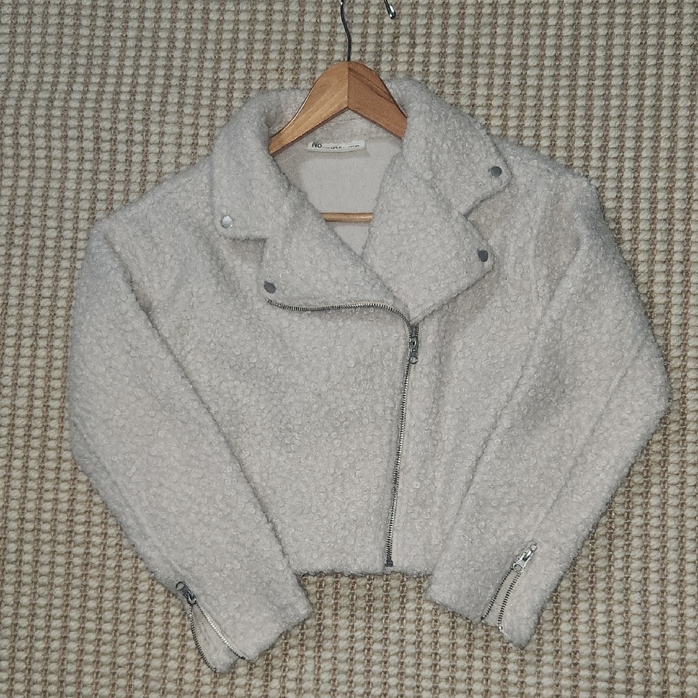 Cozy Cream Cropped Teddy Motorcycle Jacket Size Small